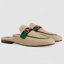 Princetown Canvas Green Leather Slippers
